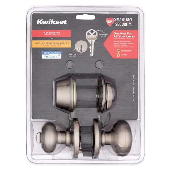 Kwikset SmartKey Security Cove Satin Nickel Deadbolt and Entry Door Knob KW1 1-3/4 in. 96900-424 - main